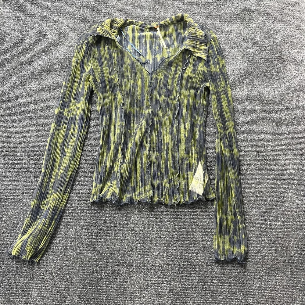 Urban Outfitters Shirt Womens Small Blue Green Sheer Pleated Mesh Collared Top